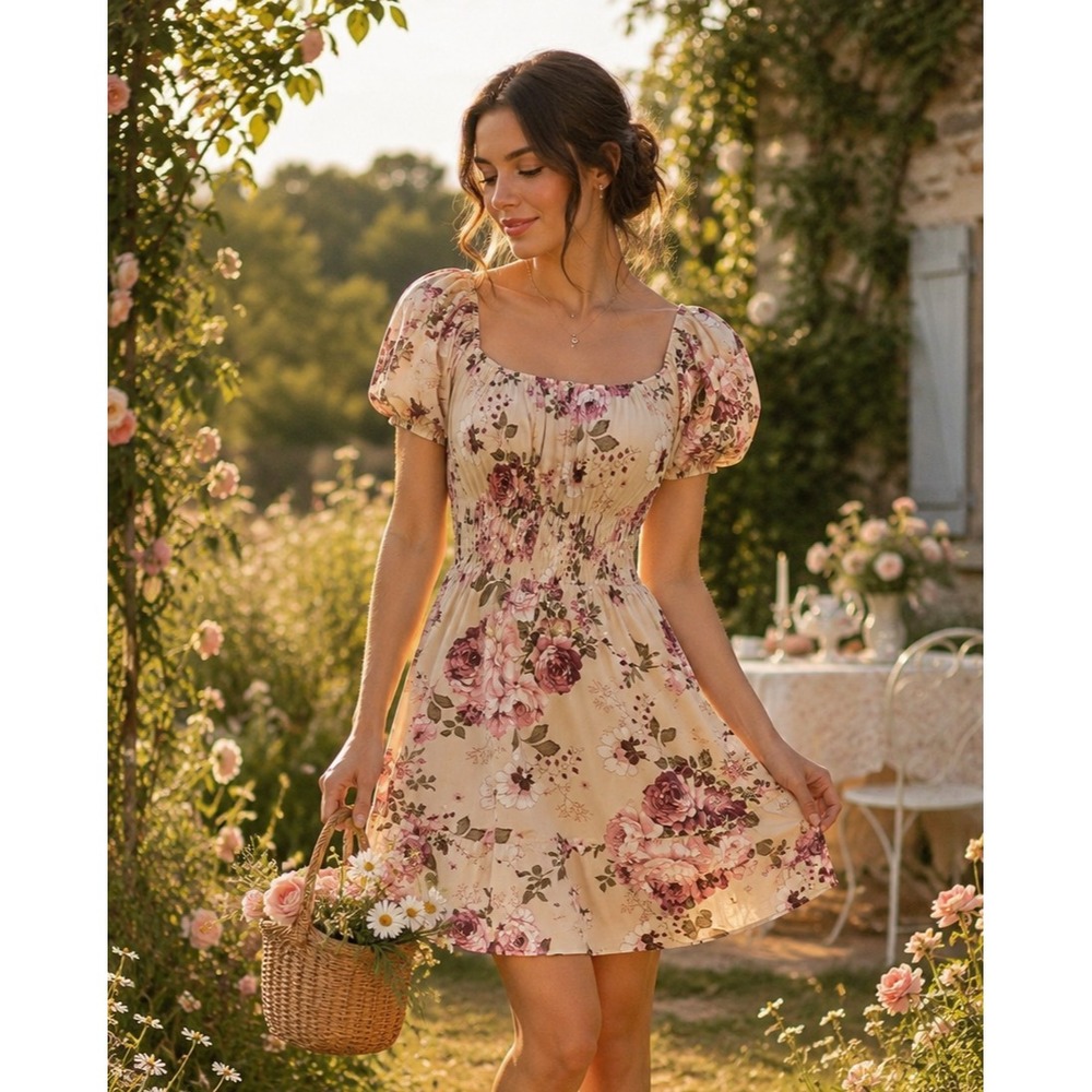 Cream Floral Mini Dress S Puff Sleeve Smocked Waist Coquette Cottagecore Prairie